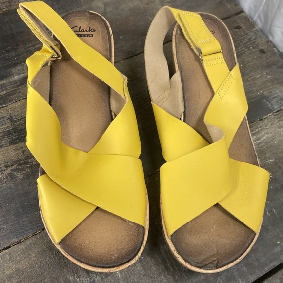 Clarks Collection Leather Lemon Cork Wedges US 11 Yellow Soft Cushion - Picture 4 of 5